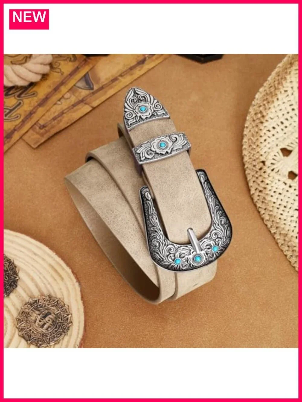 Women Western Belt Artificial Suede Leather Vintage Carved Buckle Cowgirl